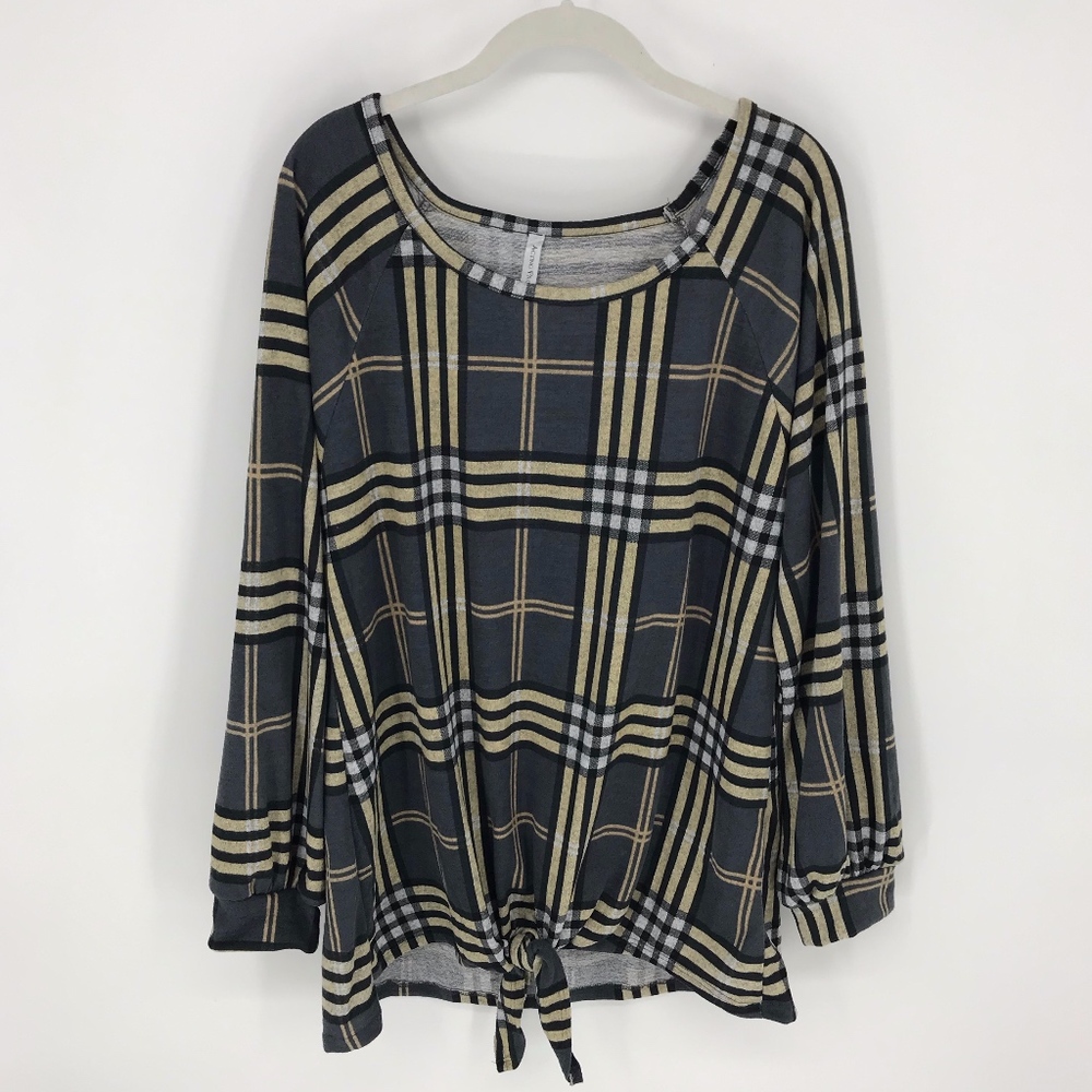 Grey Plaid Comfy Long Sleeve Tie Front Shirt